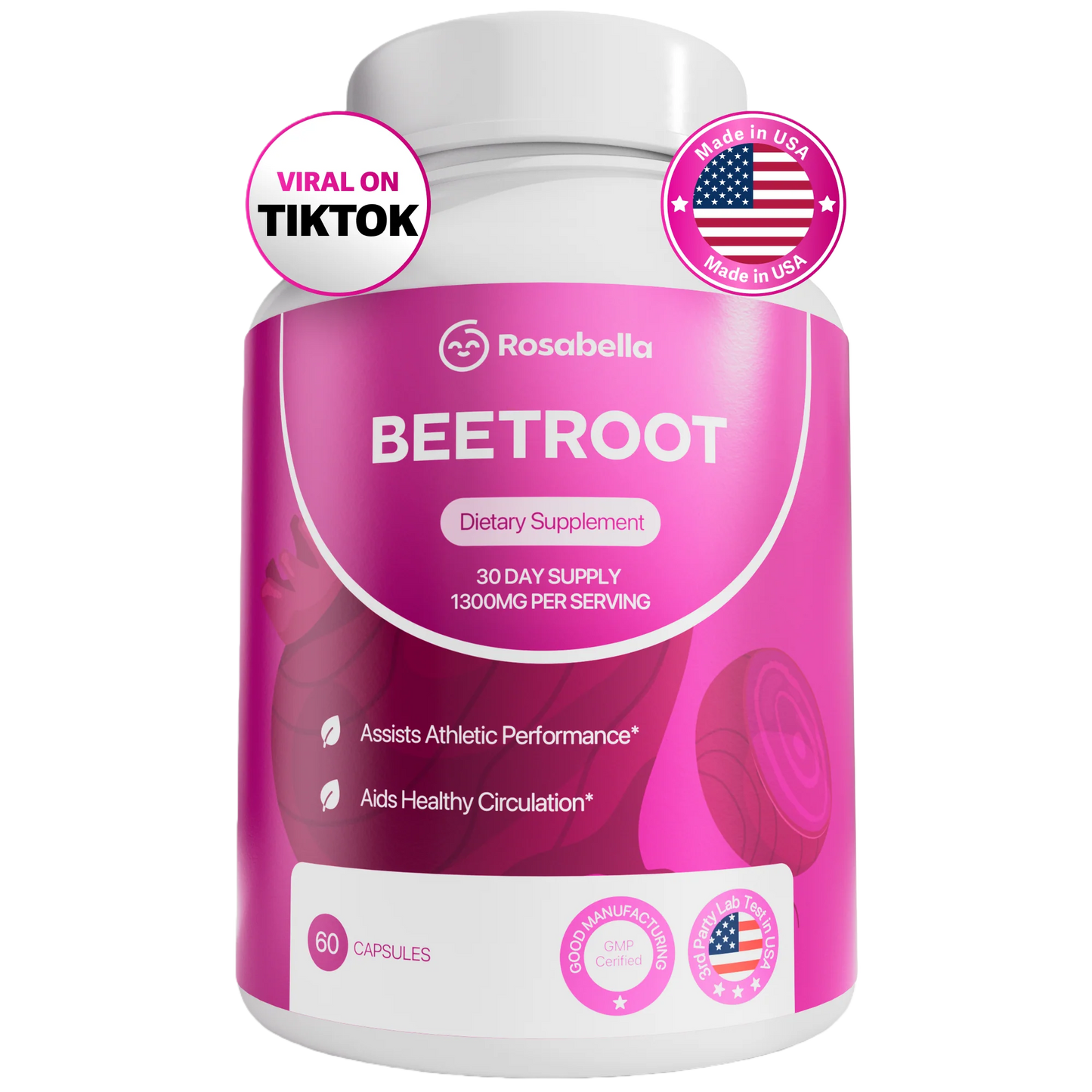 Rosabella Organic Beet Root Capsules - 1300mg Beet Root Powder Aids Healthy Circulation & Vitality, Non-GMO, Beet Root Supplement - 60 Capsules, 30-Day Supply