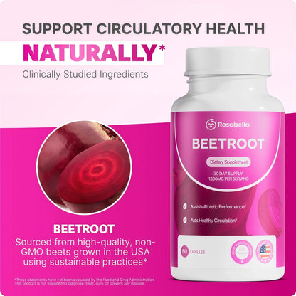 Rosabella Organic Beet Root Capsules - 1300mg Beet Root Powder Aids Healthy Circulation & Vitality, Non-GMO, Beet Root Supplement - 60 Capsules, 30-Day Supply
