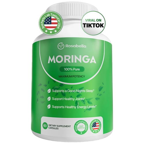Rosabella Moringa Capsules - Pure Moringa Powder, Energy, Skin, Immune & Gut Health Superfood, Rich in Antioxidants, Essential Vitamins & Amino Acids, Natural Green Superfood Supplement - 60 Count